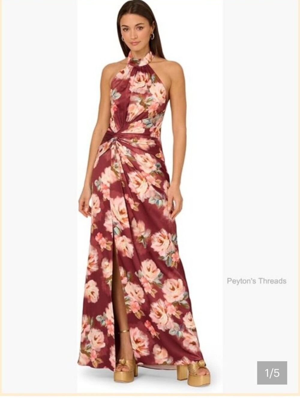 Adrianna Papell Floral Satin Halter Maxi Dress BrownSiz 10 Luxury Old Money $295